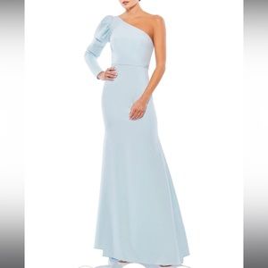 Mac Duggal Light Blue Gown with Opaque Lace Sleeve added